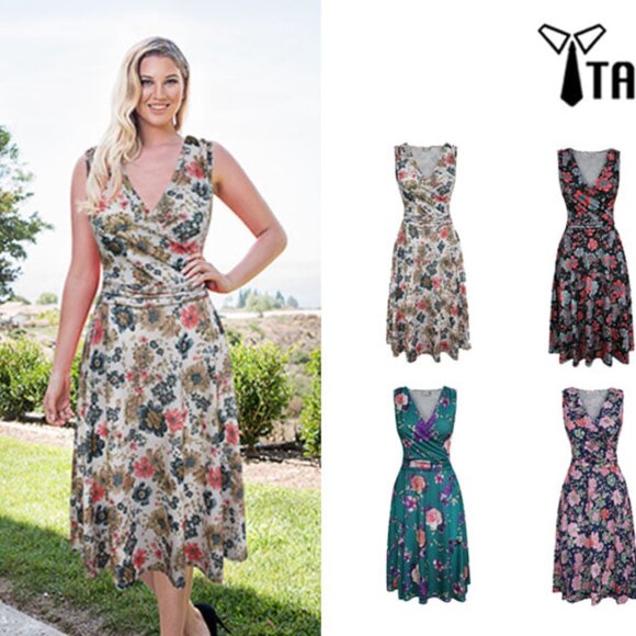 NWT Tam Ware Pleated Waist V Neck Sleeveless Floral Skater Dress Large - Picture 5 of 5